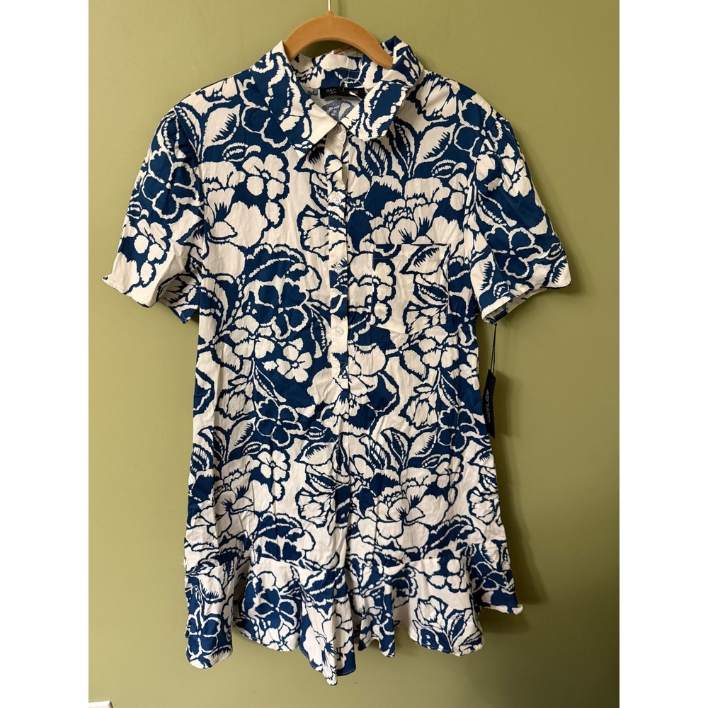Rachel Zoe Blue White Floral Ruffle Hem Button Down Shirt Dress NWT Large